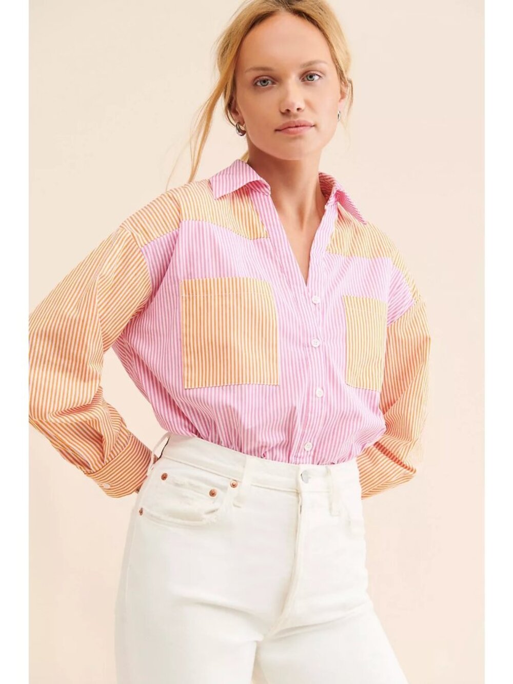 Anthropologie Rahi Colorblock Striped Button-Up Shirt Pink Orange Relaxed Fit